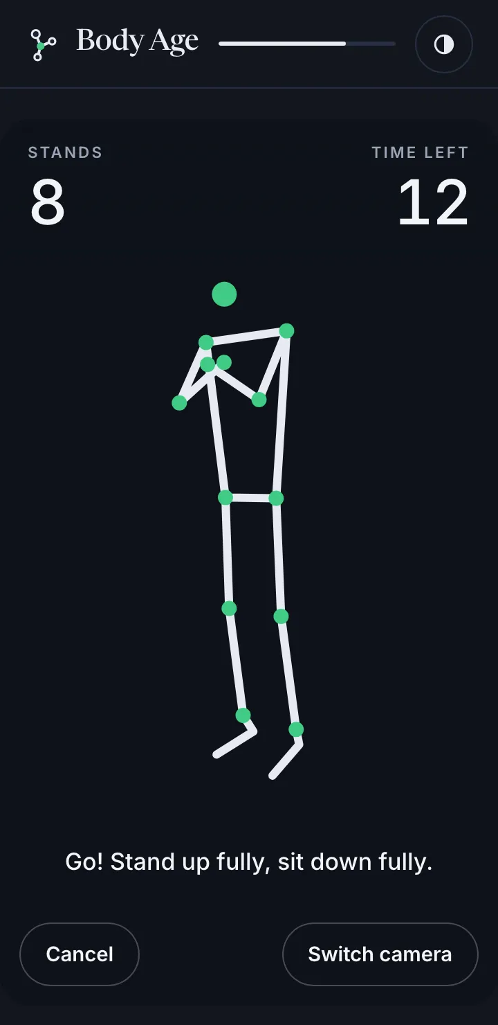 Body Age test screen during the 30-second chair stand, a pose skeleton with the stand count and the seconds left